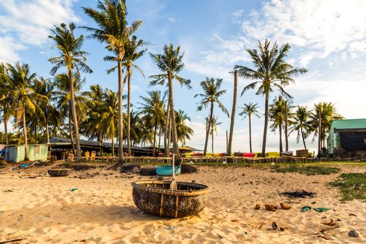 Coconut Palm tree on the sandy beach and vietnamese braided boat.