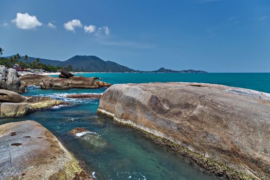 granite rocky beaches on tropical sea. landscape summertime