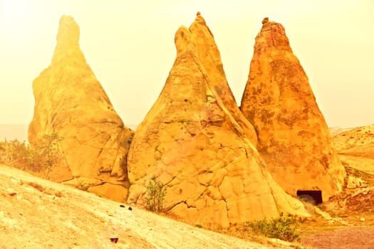 valley at Cappadocia, Turkey. Volcanic mountains in Goreme national park