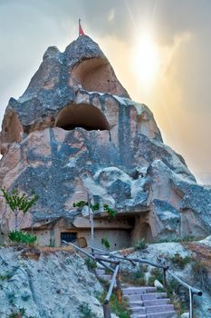 Goreme National Park and the Rock Sites landscape of Cappadocia, Anatolia, Turkey. Volcanic mountain landscape.