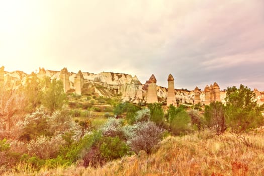 Rock volcanic formations Stone columns, mountain Love valley landscape, Turkey, Cappadocia. Goreme national park.