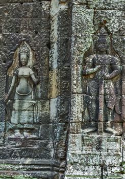 Dancing Apsara Decoration Stone Carving on the wall of Angkor wat, Seam Reap, Cambodia