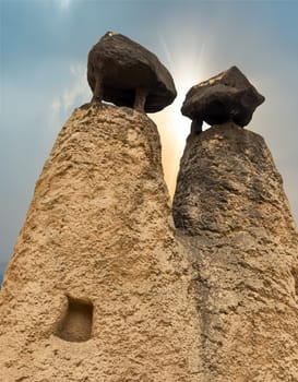 sunrise in the Volcanic rock formations in Cappadocia, Anatolia, Turkey. Travel background