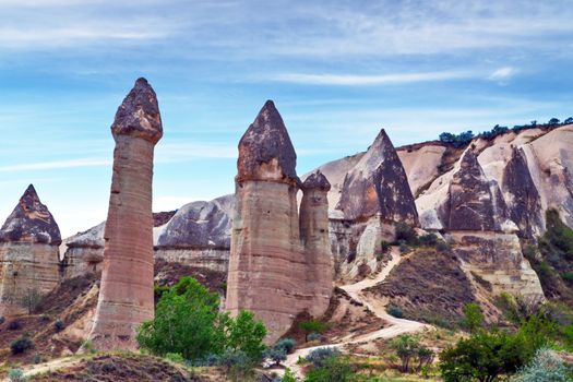 Love valley rock formations, mountain landscape in Cappadocia, Turkey