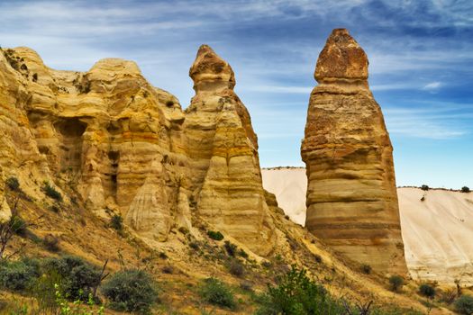 Rock volcanic formations Stone columns, mountain Love valley landscape, Turkey, Cappadocia. Goreme national park.