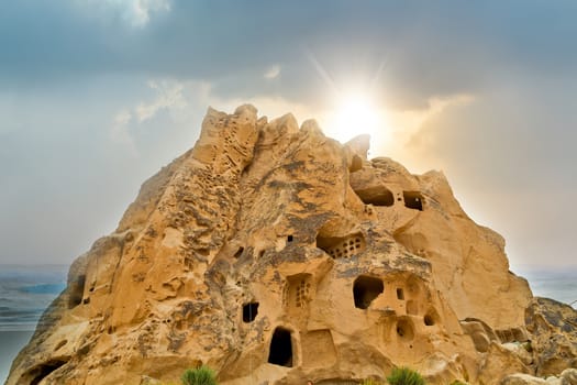 castle in rock formation. Cappadocia. Nevsehir Province. Turkey