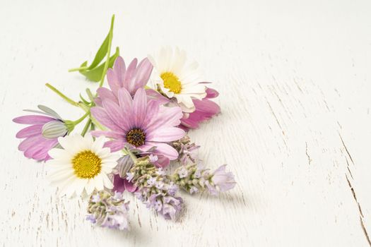 colorful bouquet of spring flowers on a wooden table with copy space