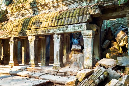 wall Ruins of Angkor Wat, part of Khmer temple complex, Asia. Siem Reap, Cambodia. Ancient Khmer architecture in jungle.