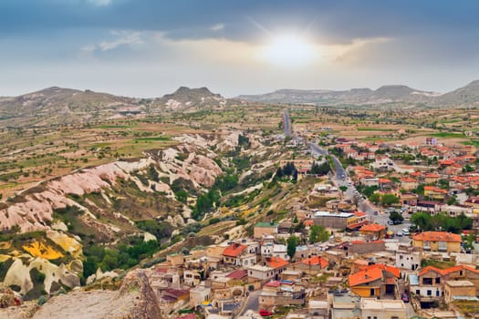 Goreme village, Turkey. Rural Cappadocia landscape. Stone houses in Goreme, Cappadocia. Countryside lifestyle.