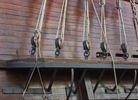 Old sailship, Pulley and rope Vintage retro style.