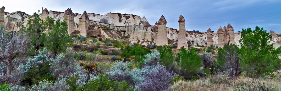 Rock volcanic formations Stone columns, mountain Love valley landscape, Turkey, Cappadocia. Goreme national park.