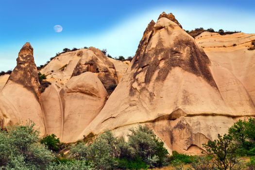 Goreme National Park and the Rock Sites of Cappadocia, Anatolia, Turkey. Volcanic mountain landscape. Travel background