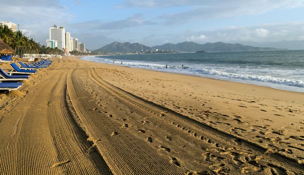 Morning City Sand Beach resort district Nha Trang Bay of the South China Sea in Khanh Hoa province, Vietnam.