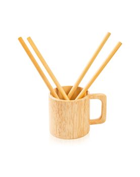 Ecological bamboo straws tube and wooden glass isolated on white background, Save clipping path.