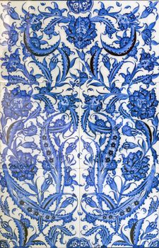 Textured ancient blue artistic mosaic tiles decor flower. Blue ceramic tile surface textures.