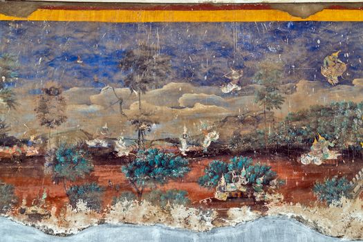 Phnom Penh, Cambodia - 3 MARCH 2015: Painted wall on religious subjects, describing history of the Kampuchea in Royal Palace in Phnom Penh, Cambodia