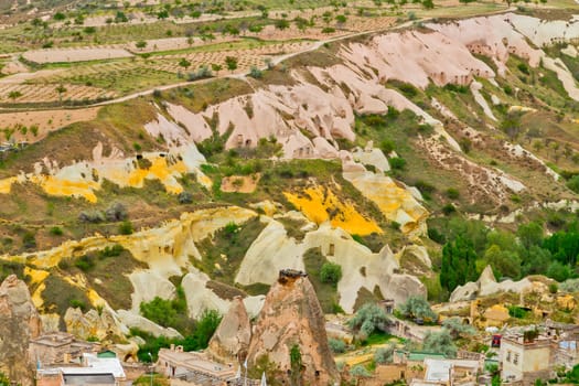Volcanic rock formations landscape in Cappadocia, Anatolia, Turkey. Travel background