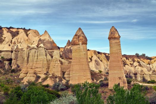 Love valley rock formations, mountain landscape in Cappadocia, Turkey