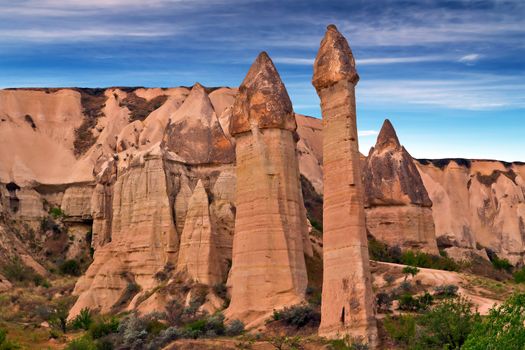 Love valley needles striped, Volcanic tuff named phallic rock pillar. Rocky landscape of Cappadocia in Turkey