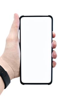 Mobile smartphone with a white display with a white background and copy space. People are showing cell phones