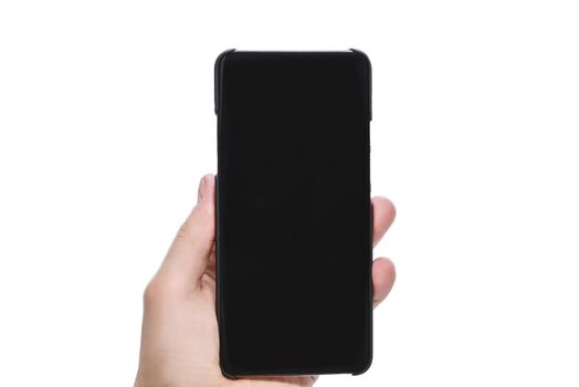 Hand holding mobile smart phone with blank screen, isolated on white background. Copy space for advertisement of mobile app