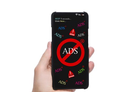 Stop Spam and Intrusive Advertising Banners. Person's Hand Holding Mobile Phone With Screen Showing Block Ads Message Against white Background.