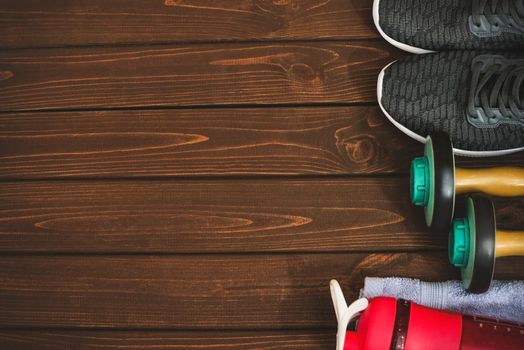 New life, sports paraphernalia on a wooden background, flat concept position.
