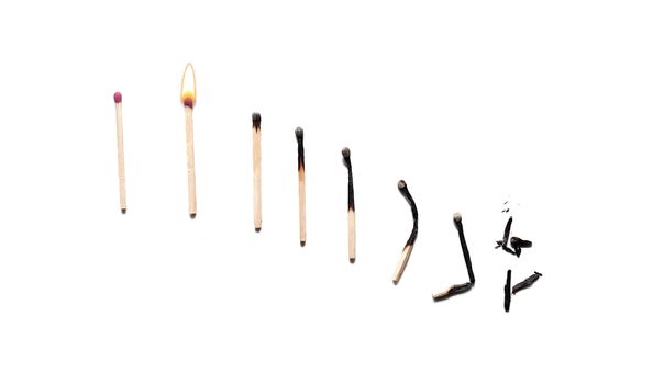 Matches. The effect of burning on matches looks like a declining graph. ging, destruction or exhaustion of a resource. concept from youth to old age. bad habits concept