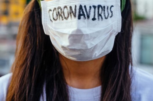Young woman with face mask saying coronavirus on the street