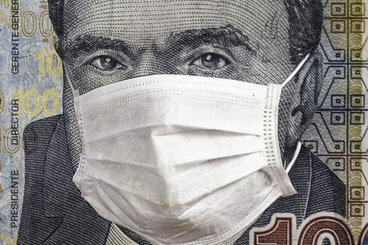 Concept: Quarantine in Peru, 100 Soles banknote with face mask. Economy and financial markets affected by corona virus outbreak and pandemic fears. Digital montage.