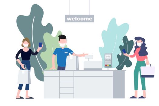 People use contactless payment for buying at store. Reopening protection prevention strategy. Social distancing, new normal concept after covid-19 coronavirus outbreak. Flat character vector.