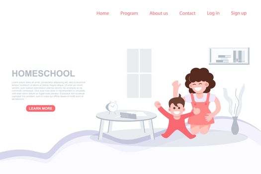 Mom play with kid. Homeschool. Stay at home concept. Landing page vector illustration