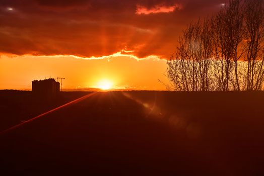 Beautiful sunset, Town sunshine evening orange sky