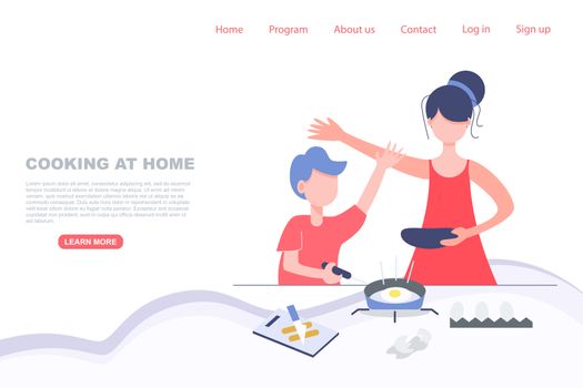 Kid cooking with mom. Stay at home concept. Landing page vector illustration