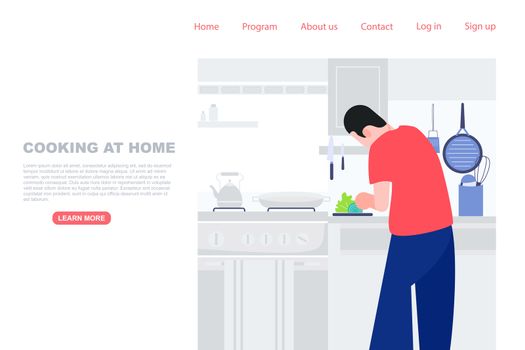 Man prepare meal in the kitchen. Cooking at home, stay at home concept. Landing page digital screen website vector illustration