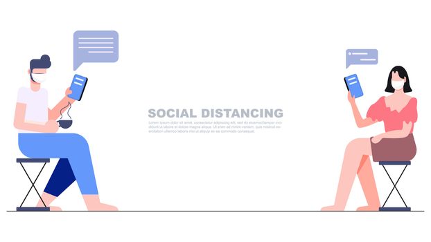 Two people sitting separate keep distance chat online with mobile phone in hand. Social distancing concept. New normal lifestyle after covid-19 pandemic flat character design vector illustration.