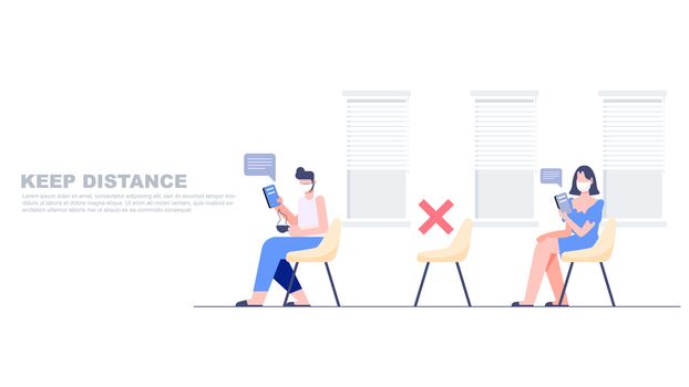 People keep distance in public area entitle empty chair in line. Social distancing concept. New normal lifestyle after covid-19 pandemic flat character design vector illustration.
