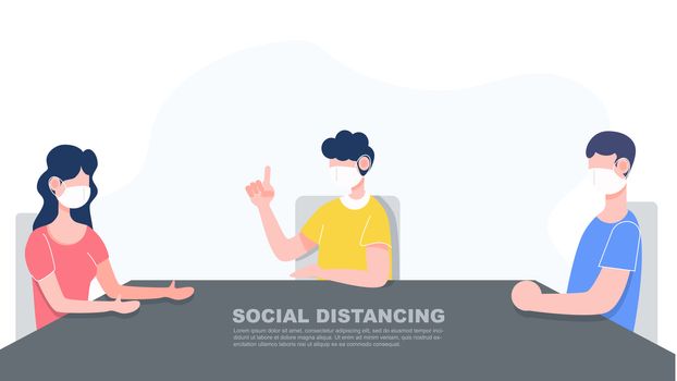 Three people in family keep distance sitting with face mask. Social distancing concept. New normal lifestyle after covid-19 pandemic flat character design vector illustration.