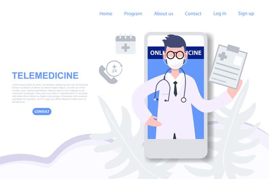Telemedicine consulting doctor on mobile phone from anywhere. online medicine consultant concept vector illustration during covid-19 coronavirus outbreak.  Health care and medical technology. Abstract flat character. Landing page vector illustration