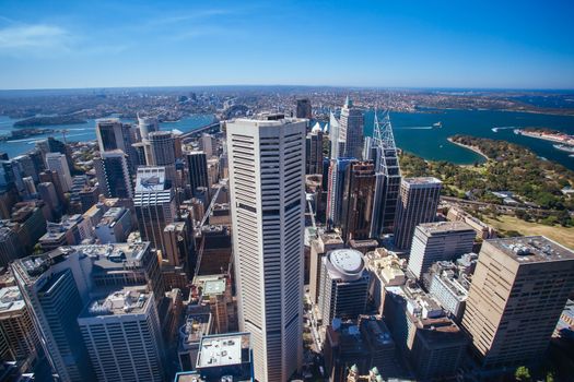 The Sydney CBD and surrounding harbour on a clear spring day on October 16th 2013.