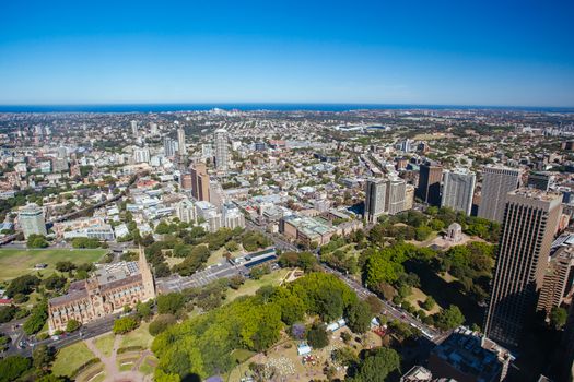 An aerial view of Hyde Park and Darlinghurst on a clear sunny day in Sydney, NSW, Australia