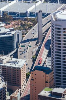 An aerial view of the Western Distributor motorway near Darling Harbour in Sydney, NSW, Australia