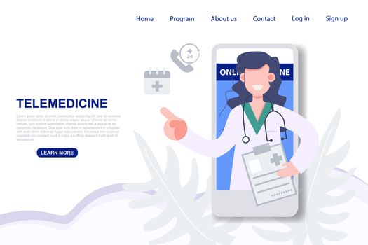 Telemedicine consulting doctor on mobile phone from anywhere. online medicine consultant concept vector illustration during covid-19 coronavirus outbreak.  Health care and medical technology. Abstract flat character. Landing page vector illustration