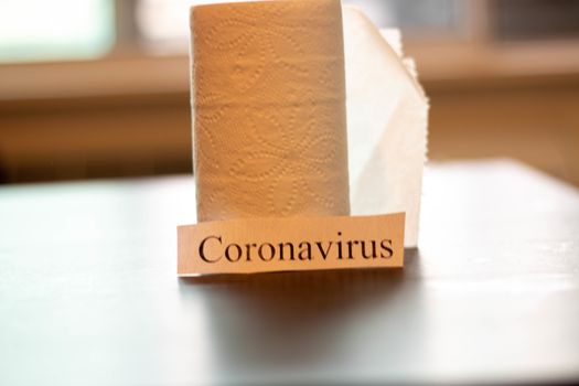 Coronavirus next to rolls of toilet paper. Theme of stocking up on supplies.