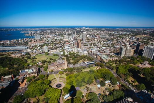 An aerial view of Hyde Park and Darlinghurst on a clear sunny day in Sydney, NSW, Australia