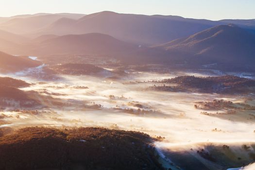 A view over Healesville at sunrise in the Yarra Valley in Victoria, Australia