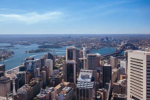 The Sydney CBD and surrounding harbour on a clear spring day on October 16th 2013.