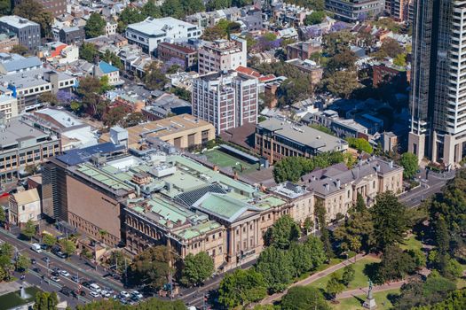 An aerial view of the Australian Museum and Sydney Grammar School on a clear sunny day in Sydney, NSW, Australia