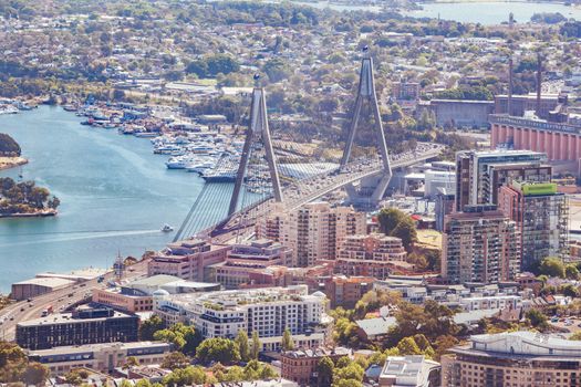 An aerial view of the ANZAC Bridge near Darling Harbour in Sydney, NSW, Australia