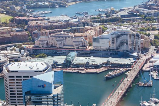 An aerial view of Darling Harbour on a clear sunny day in Sydney, NSW, Australia